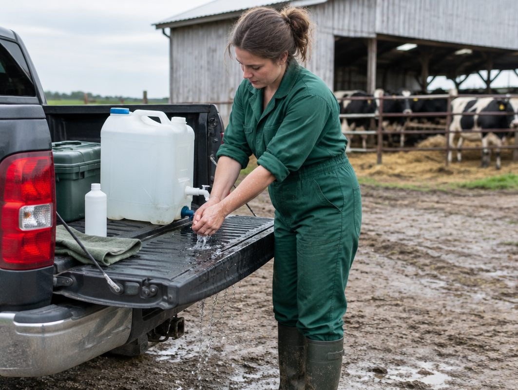 Large-animal vet washing her hands at a water jug on her truck tailgate, cattle behind