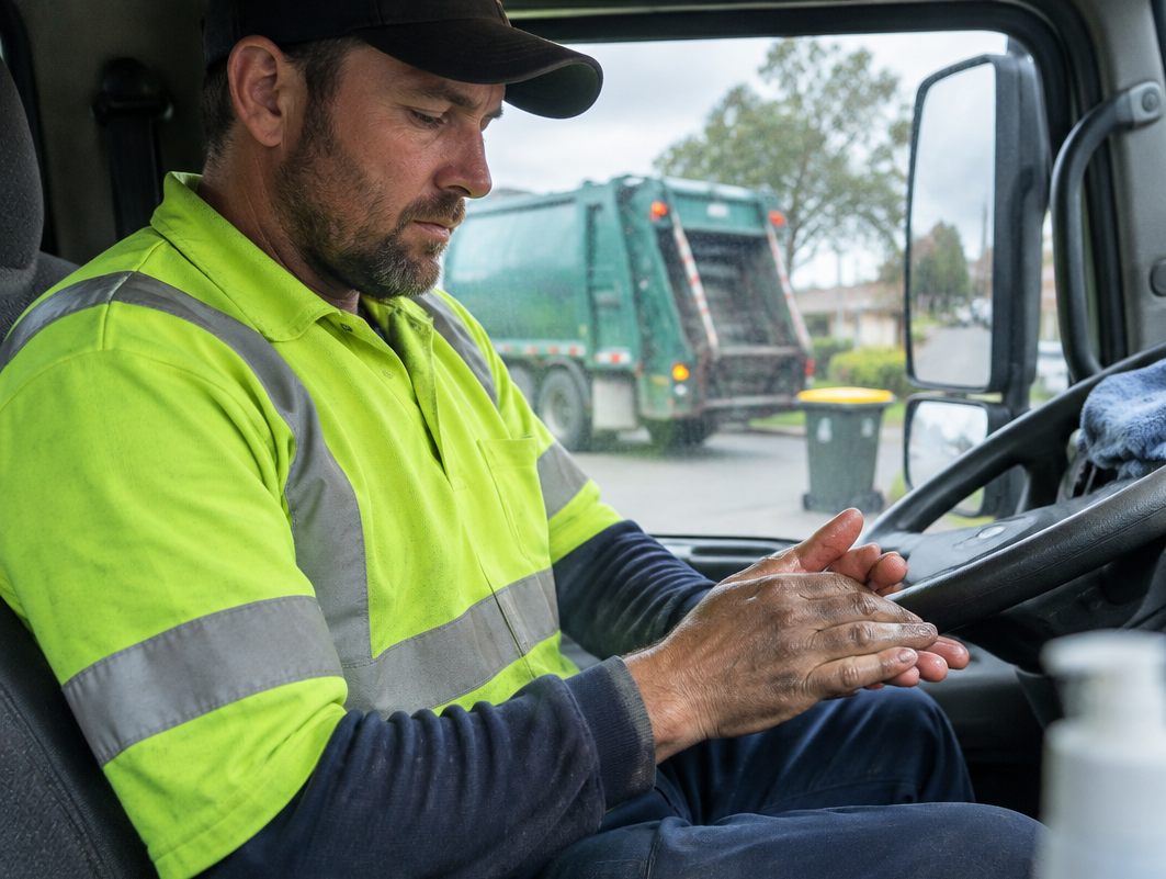 Collection truck driver cleaning his hands in the cab between stops