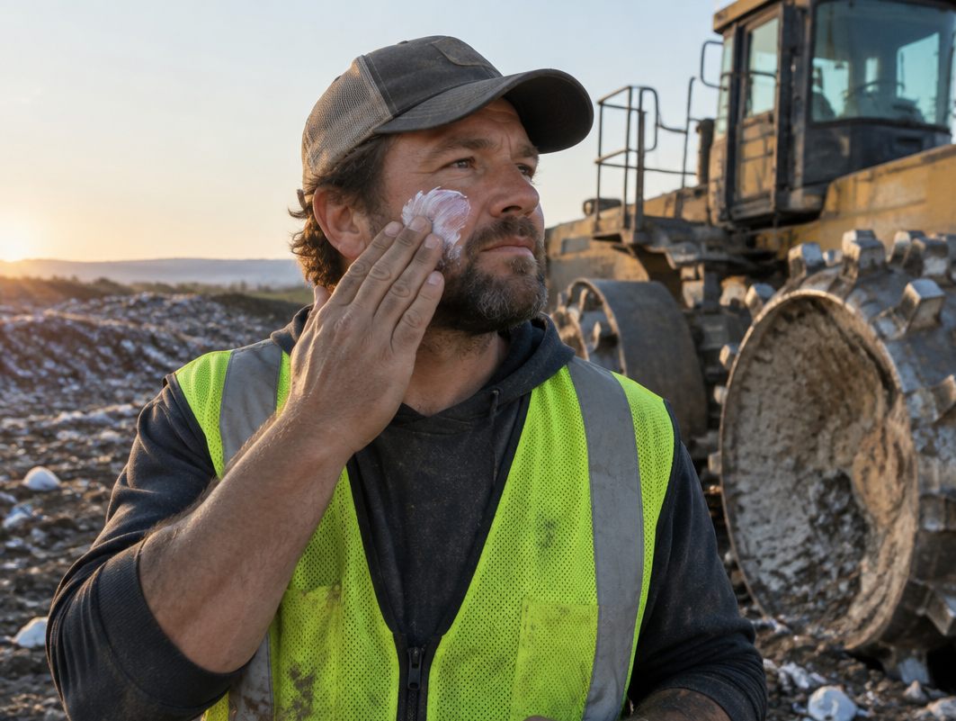 Landfill operator in hi-vis applying sunscreen beside a compactor at sunrise