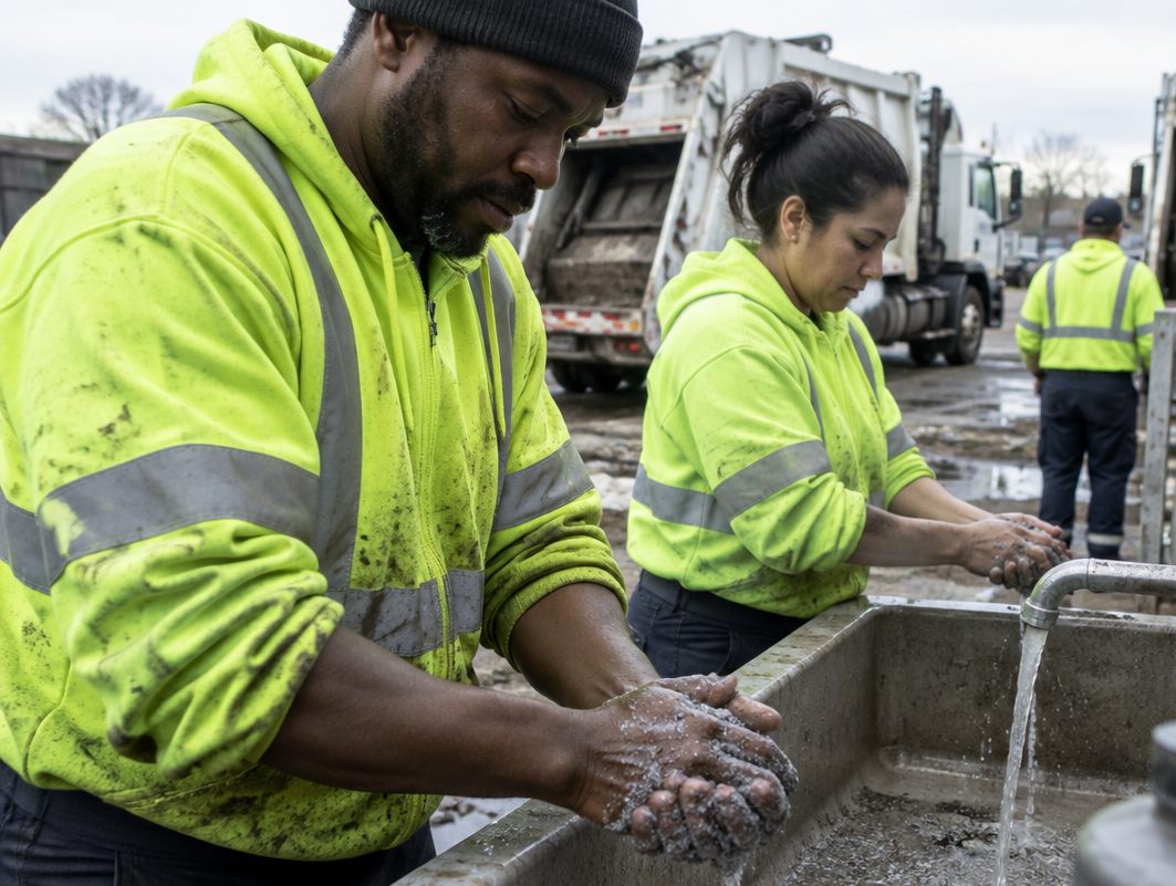 Sanitation crew scrubbing their hands at a yard sink, garbage trucks behind