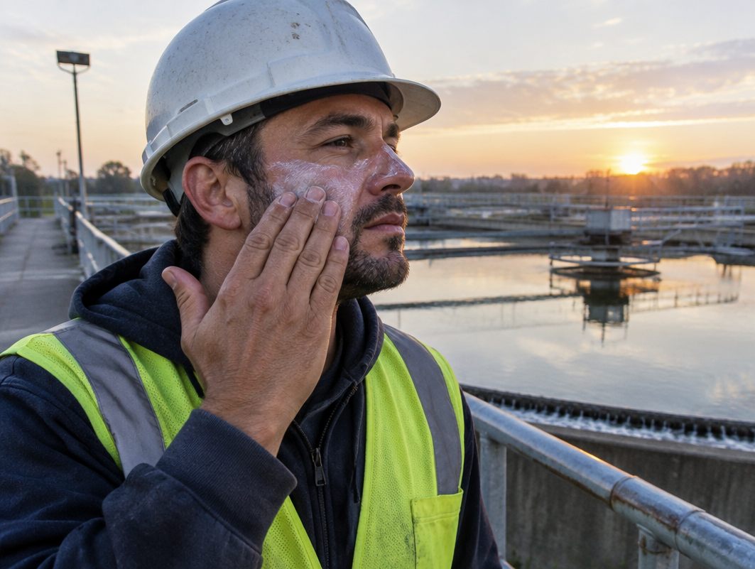 Treatment plant operator in a hard hat applying sunscreen beside the clarifiers at dawn