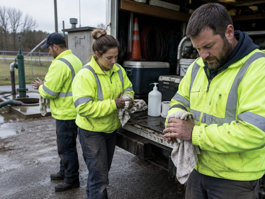 Collections crew in hi-vis cleaning their hands with rags at the back of their utility truck