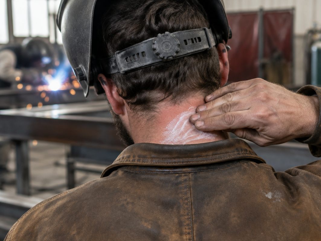 Welder rubbing sunscreen into the back of his neck above his jacket collar