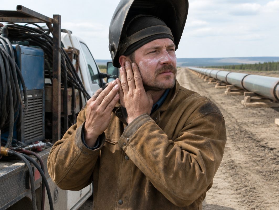 Pipeline welder applying sunscreen to his face beside his rig truck, pipe sections behind