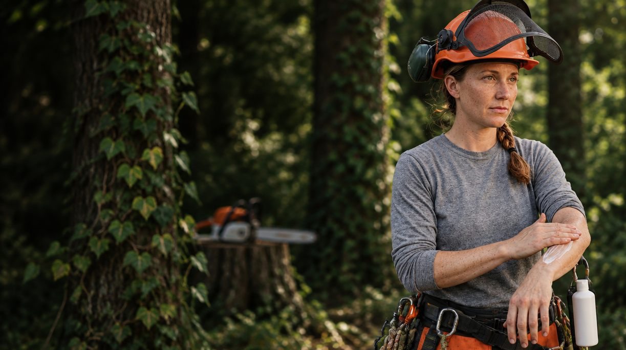 Woman arborist in an orange helmet with visor and ear defenders, climbing harness and chainsaw chaps, rubbing protective lotion into her forearm in an ivy-covered woodland