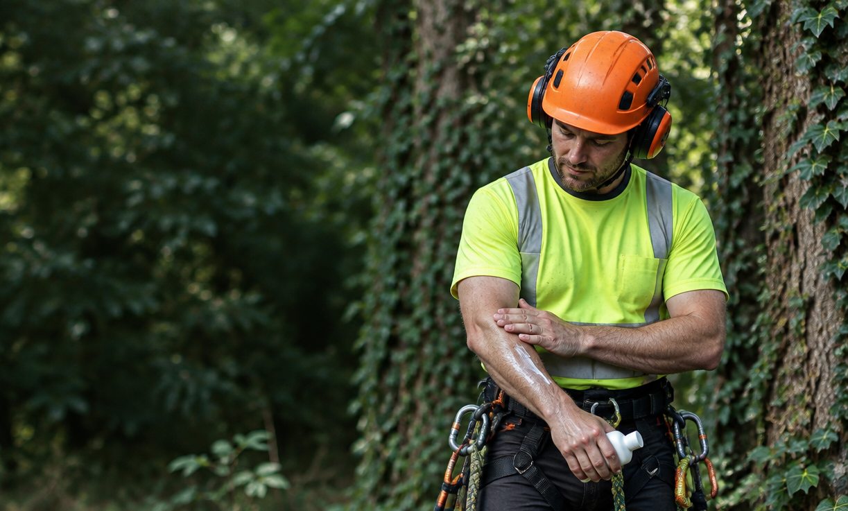 Arborist rubbing protective lotion into his forearm at the edge of an ivy-covered woodland