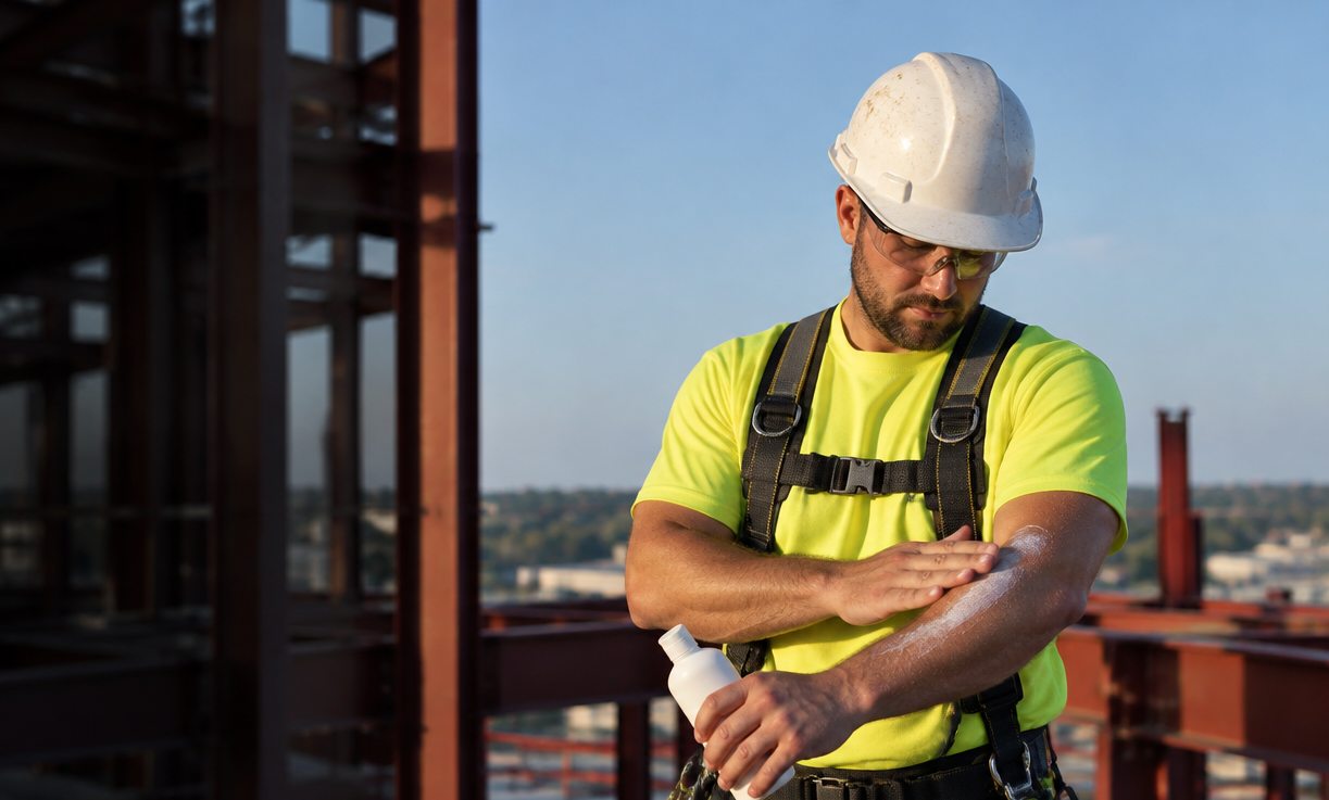 Construction worker in a white hard hat and fall-protection harness rubbing sunscreen into his forearm on a steel-frame building