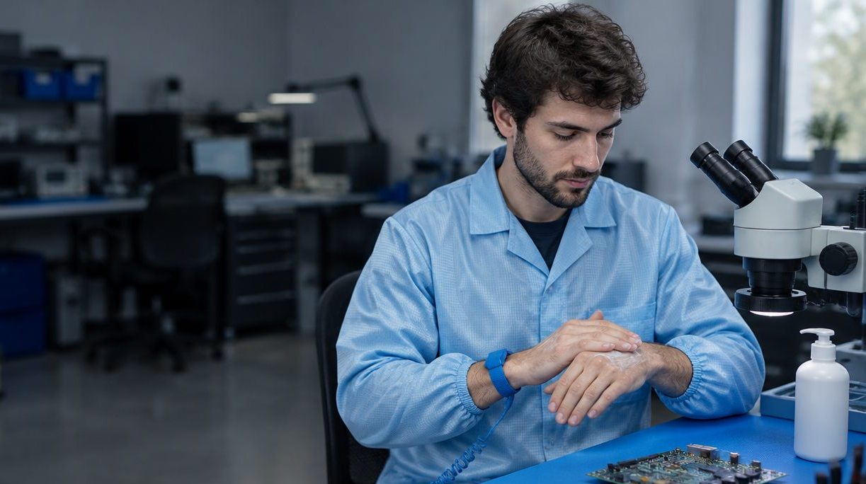 Electronics technician in a blue ESD smock and wrist strap rubbing lotion into his hands at a microscope bench