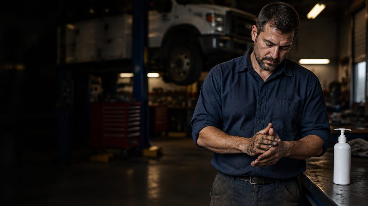 Fleet mechanic in a navy work shirt working hand cleaner into greasy hands in a maintenance garage, a service truck up on the lift behind him