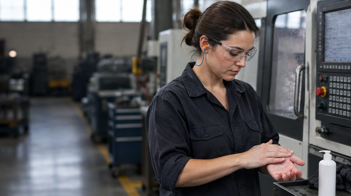 Machine operator in safety glasses and corded ear plugs rubbing hand cream into her hands beside a CNC machine