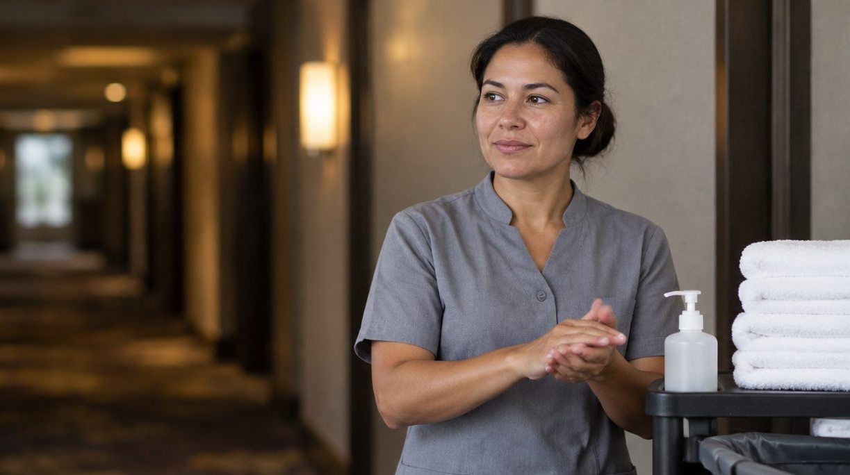 Hotel housekeeper in a grey tunic rubbing hand sanitizer into her hands beside a towel cart in a hotel corridor