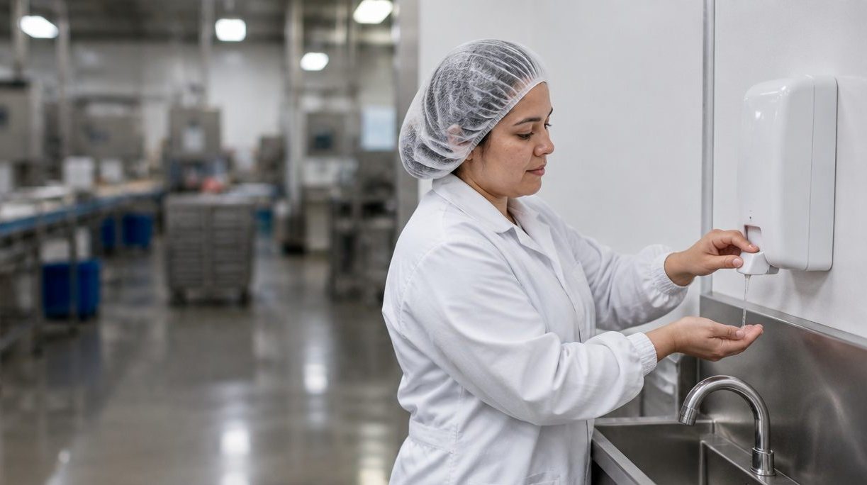 Plant worker in a white coat and hairnet pressing a wall-mounted soap dispenser above a stainless sink