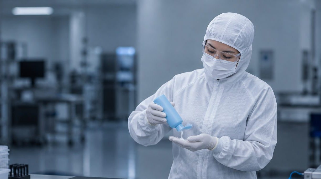 Cleanroom technician in a hooded suit, mask and gloves dispensing lotion from a plain blue bottle