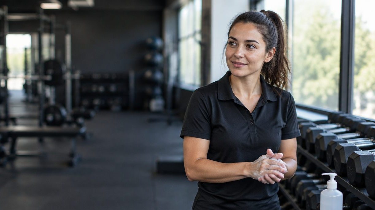 Gym staff member in a black polo rubbing foaming hand sanitizer into her hands beside a dumbbell rack
