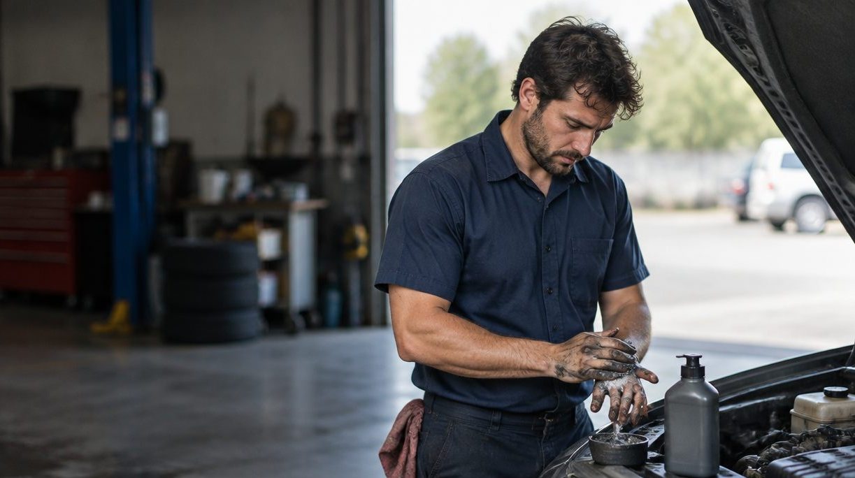 Auto mechanic scrubbing greasy hands with gritty hand cleaner at the open hood of a car in a service bay