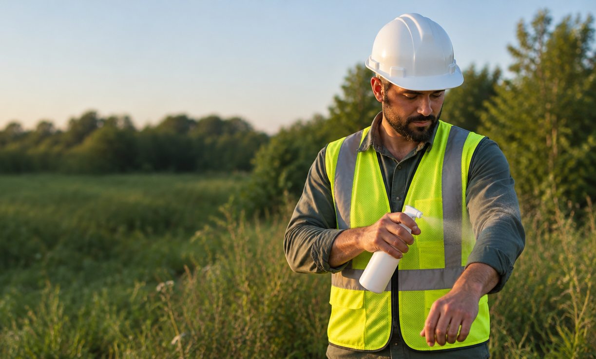 Surveyor in a white hard hat and hi-vis vest spraying insect repellent onto his sleeve at the edge of a field
