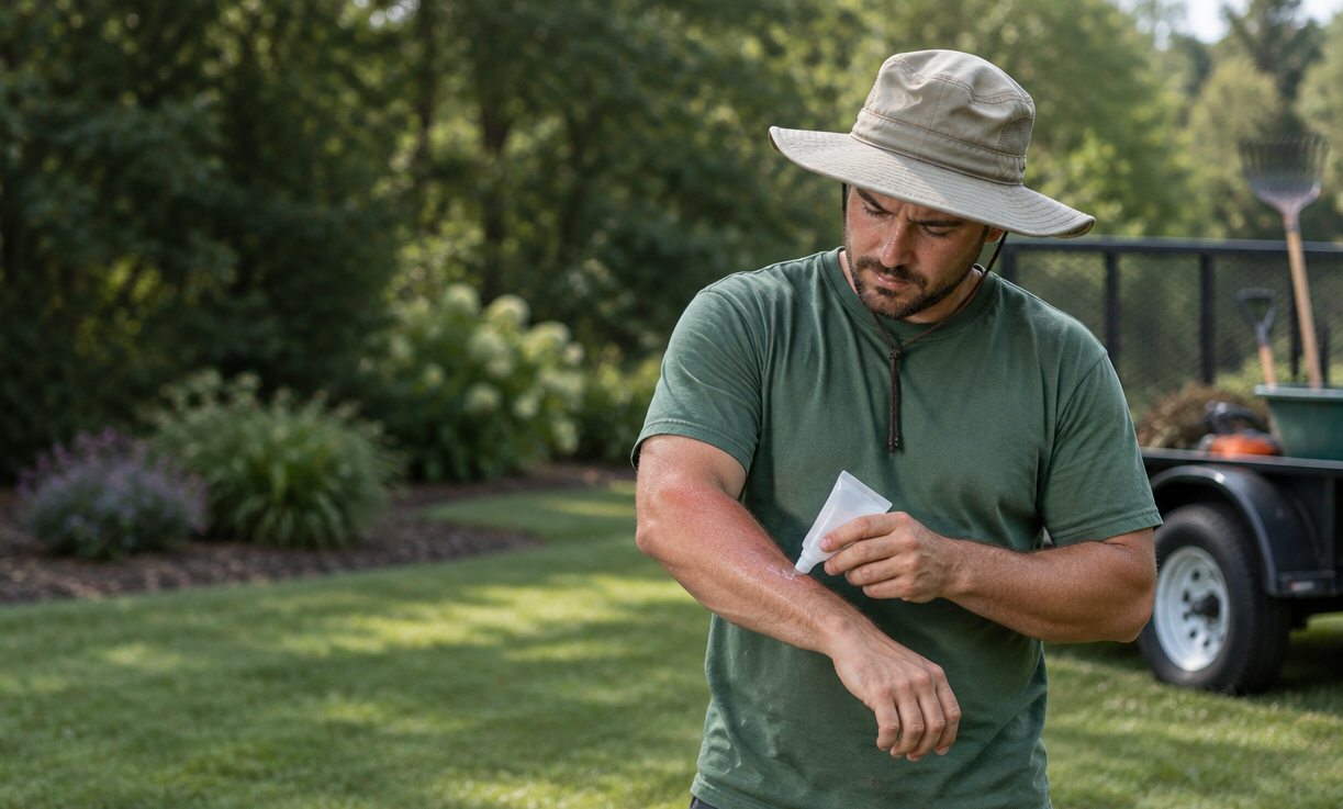 Landscaper in a sun hat dabbing soothing gel onto an itchy patch on his forearm, a landscaping trailer behind