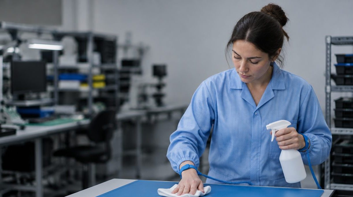 Technician in a blue ESD smock and wrist strap spraying a blue bench mat and wiping it with a white cloth
