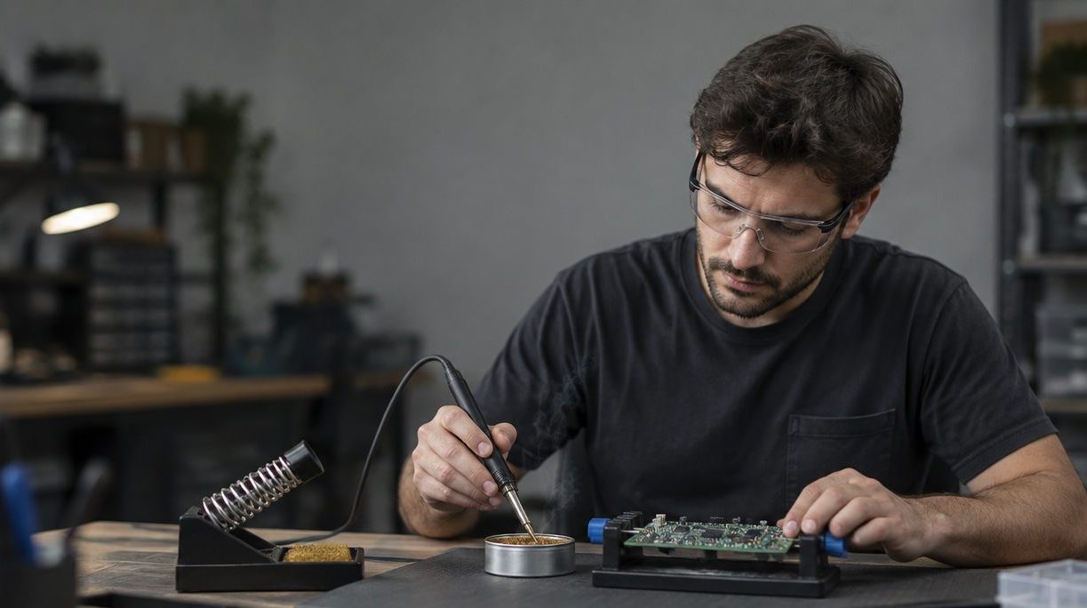 Technician in safety glasses dipping a hot soldering iron tip into a small open tin beside a circuit board