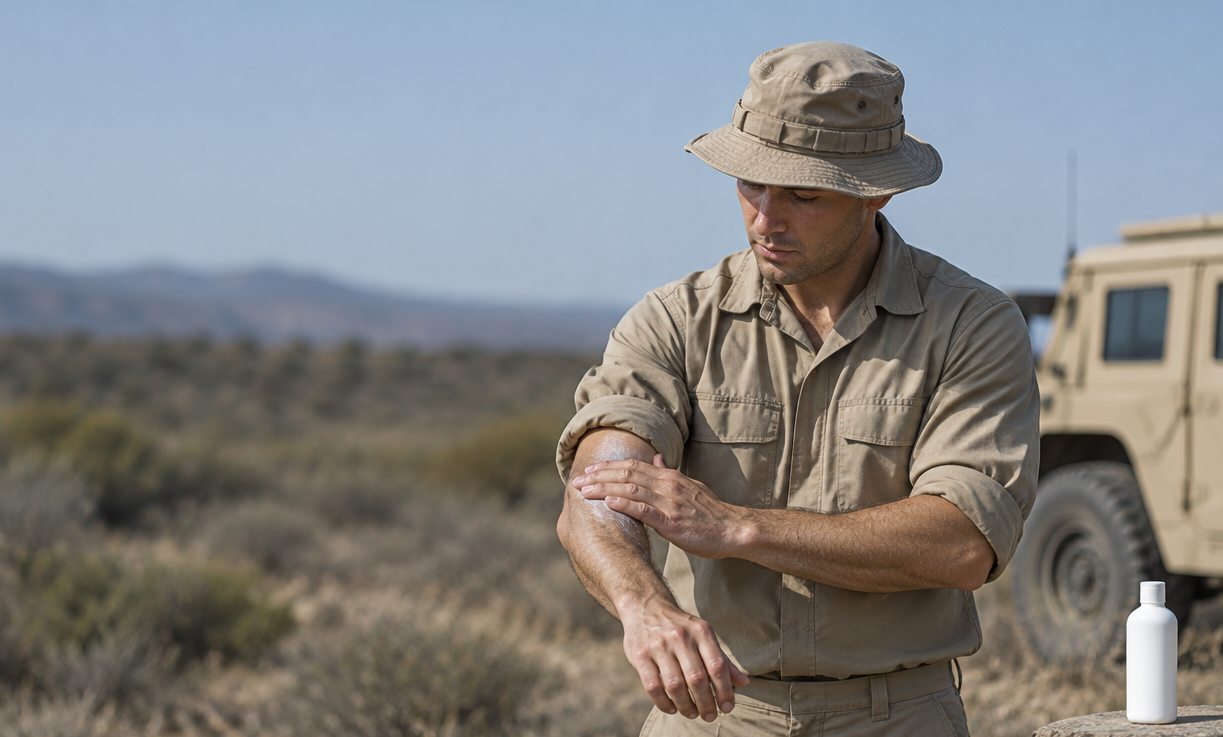 Service member in a tan utility uniform and boonie hat rubbing sunscreen into his forearm in desert scrub