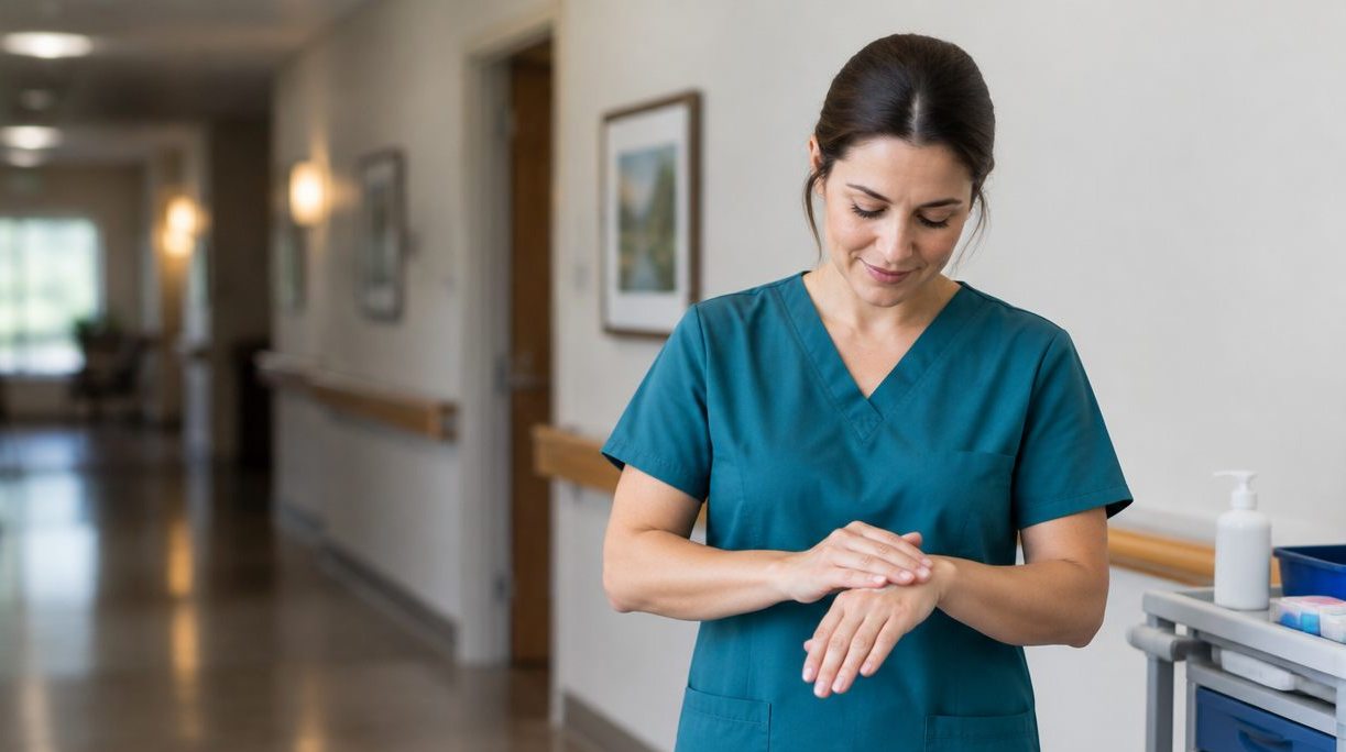 Caregiver in teal scrubs rubbing hand cream into her hands in a senior-living hallway