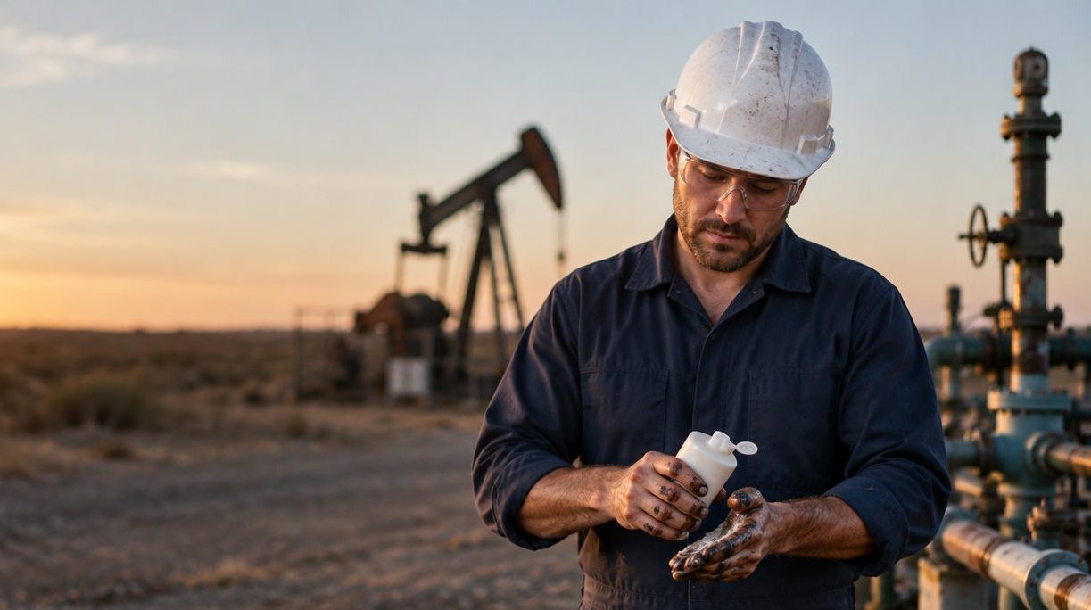 Oilfield worker in a white hard hat and navy coveralls cleaning greasy hands, a pump jack behind him at sunset
