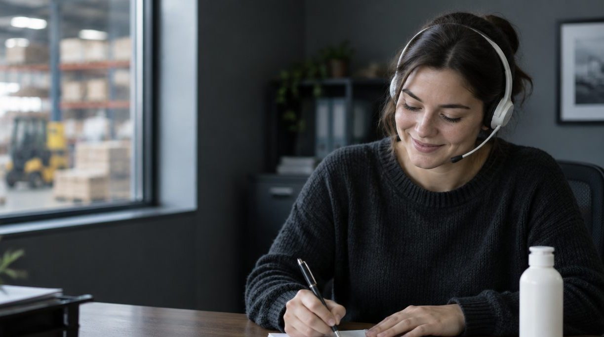 Customer service representative wearing a headset writing a note at her desk, a warehouse visible through the window
