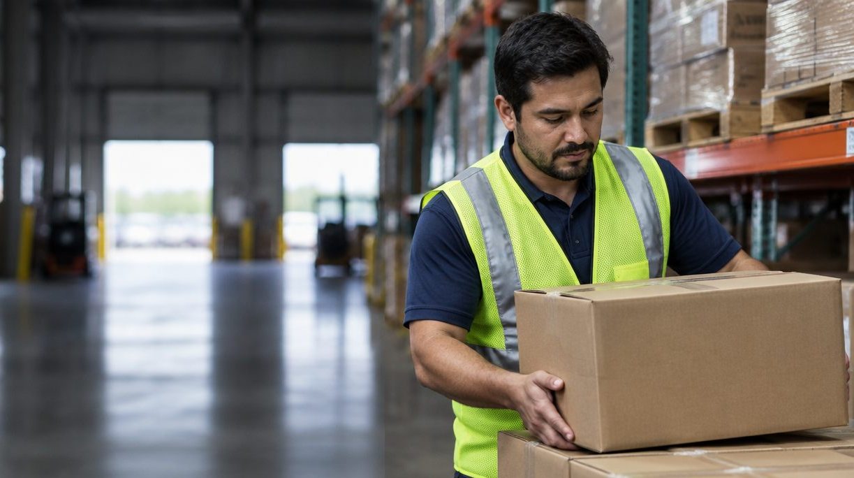 Warehouse worker in a hi-vis vest stacking a plain carton onto a pallet in a distribution center