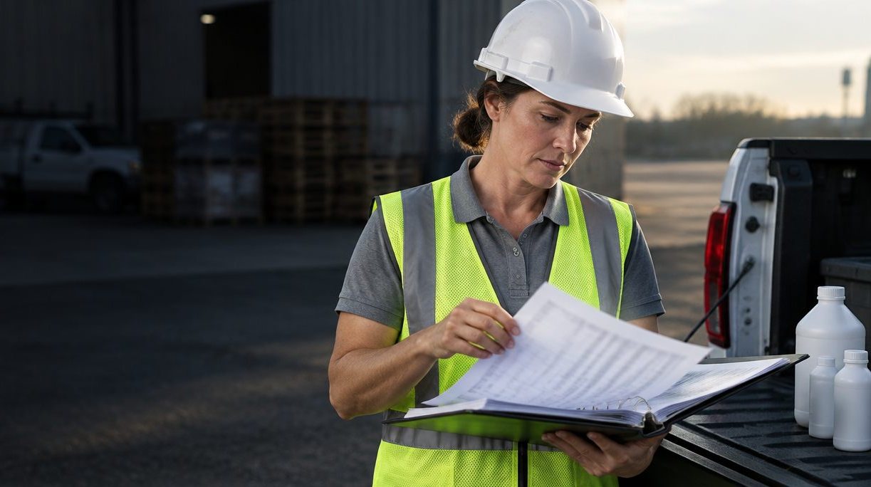 Safety manager in a white hard hat and hi-vis vest reading a binder of data sheets at a pickup tailgate in an industrial yard