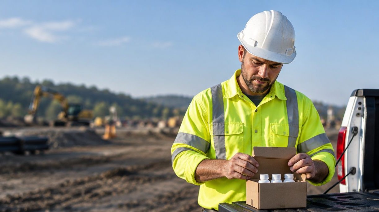 Crew foreman in a white hard hat opening a small box of sample bottles on a pickup tailgate at a job site