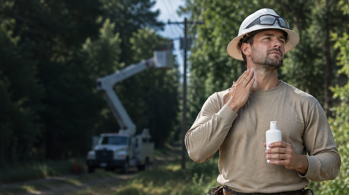 Lineman in a white hard hat and FR work shirt rubbing sunscreen onto his neck on a wooded right-of-way