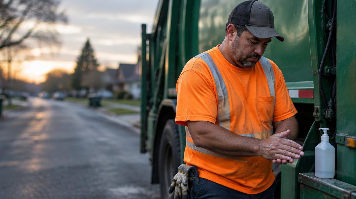 Sanitation worker in a hi-vis orange shirt rubbing hand cleaner into his hands beside a green refuse truck at dawn