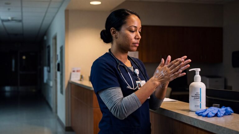 Nurse rubbing alcohol-free sanitizing cream into dry hands at a hospital hand-hygiene station.
