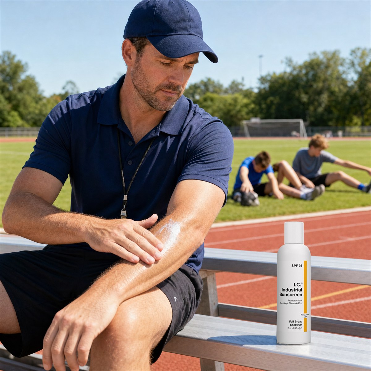 Coach applying I.C. Industrial Sunscreen SPF 36 on the bleachers before practice