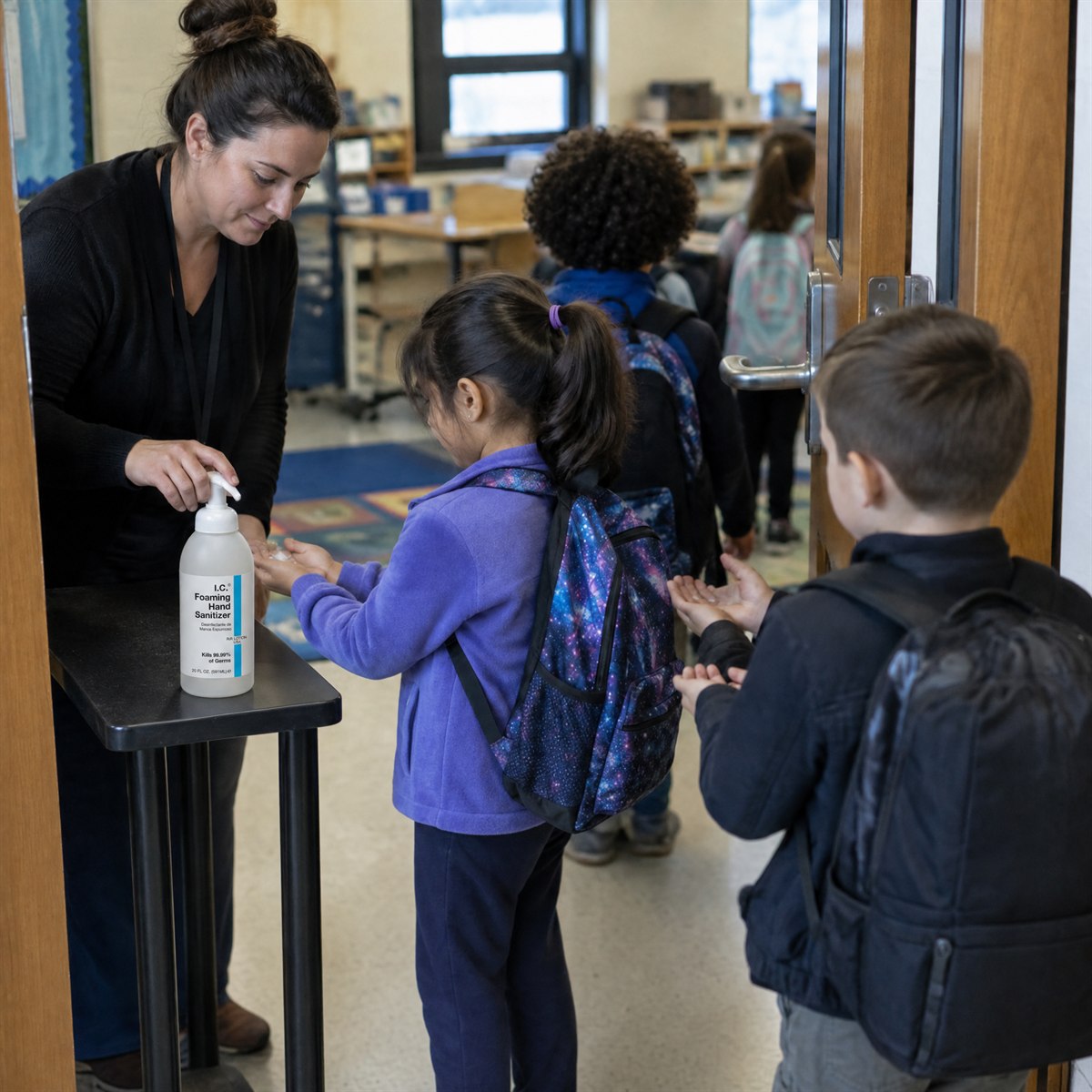 Teacher dispensing I.C. Alcohol-Free Foaming Hand Sanitizer into students' hands at the classroom door
