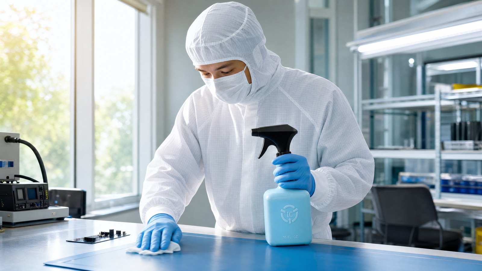 Gowned cleanroom technician wiping down an ESD bench with I.C. Workstation Cleaner, blue ESD storage bottles on the shelf