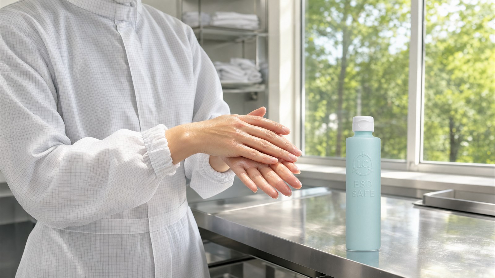 Cleanroom technician applying I.C. Lotion Fragrance Free from a blue ESD bottle at the bench, with a 32 oz ESD sports bottle nearby