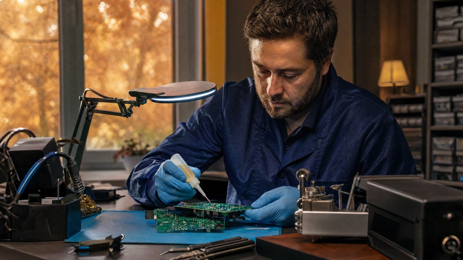 Electronics technician at a soldering station using a 2 oz ESD flux dispenser