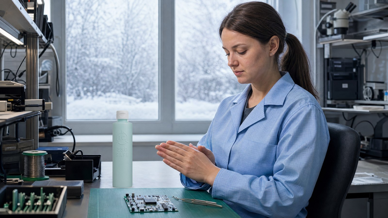 Cleanroom technician applying I.C. Lotion at the bench with I.C. Topical Antistat spray nearby