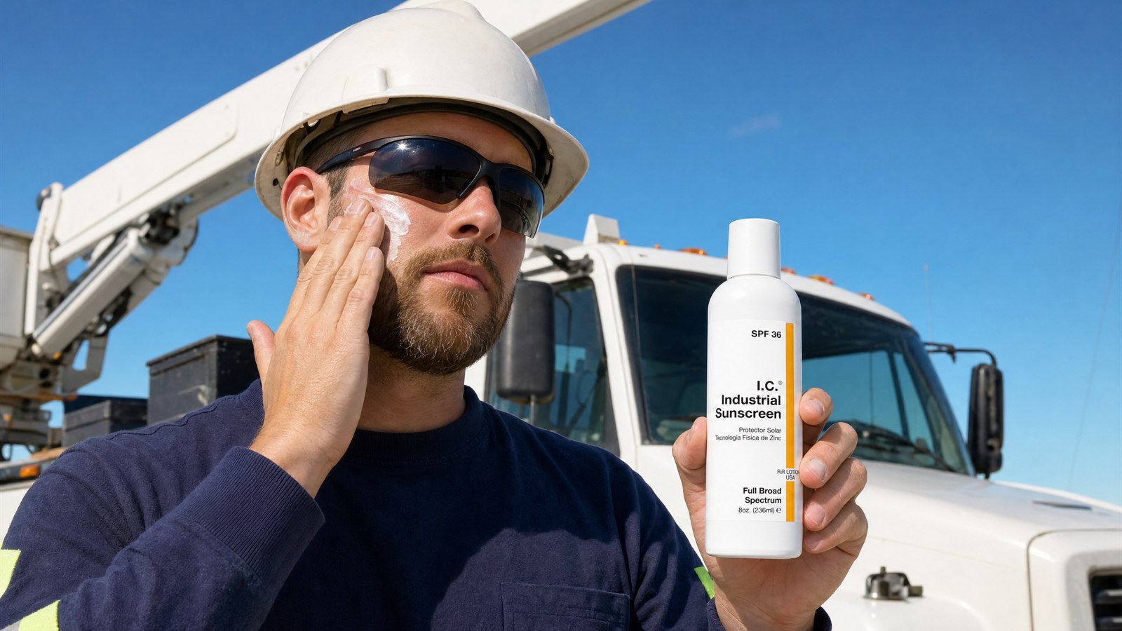Lineman applying I.C. Industrial Sunscreen SPF 36 at the truck, with I.C. Insect Repellent Spray beside it