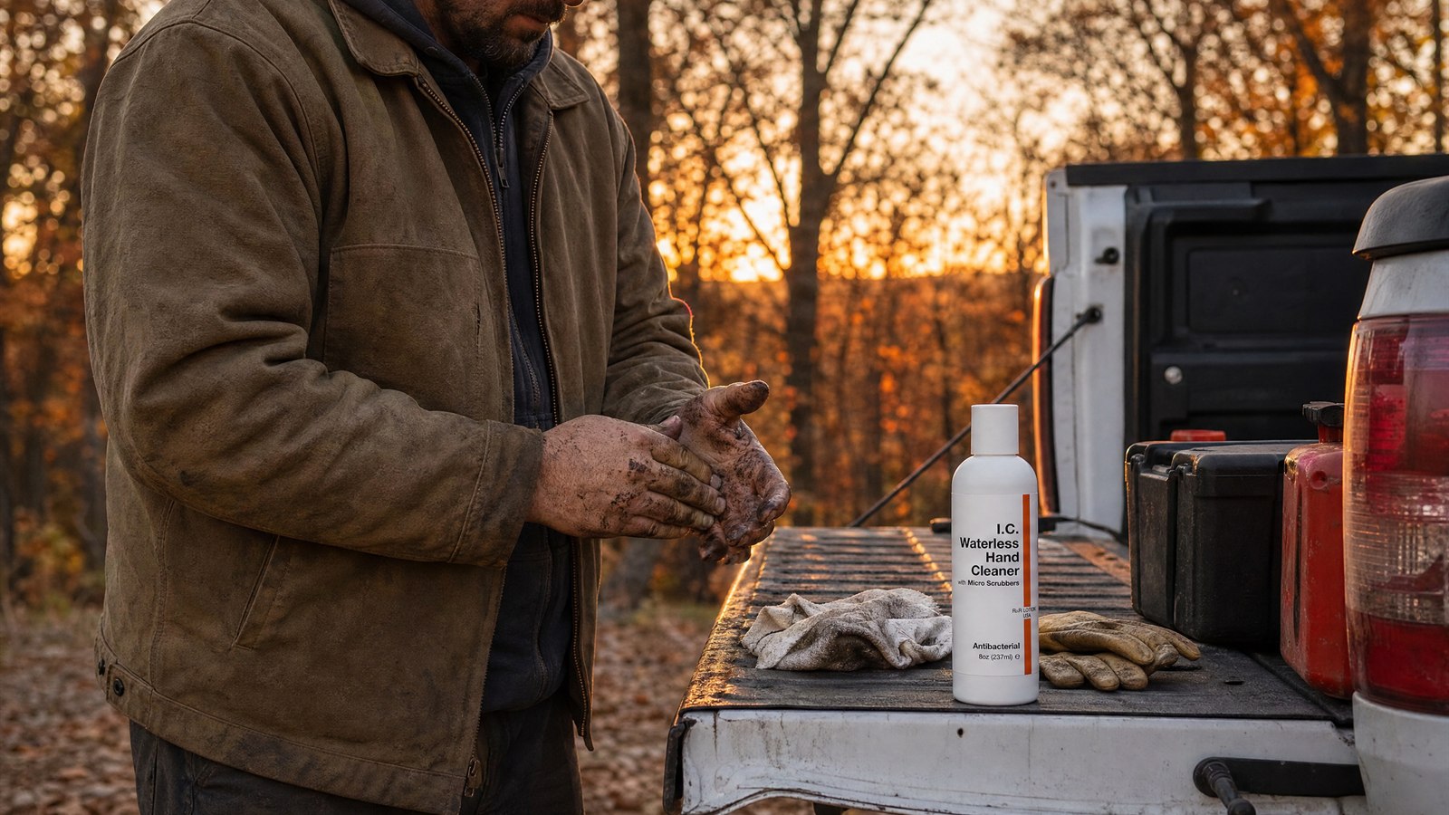 Field crew member cleaning his hands with I.C. Waterless Hand Cleaner at the truck at dusk