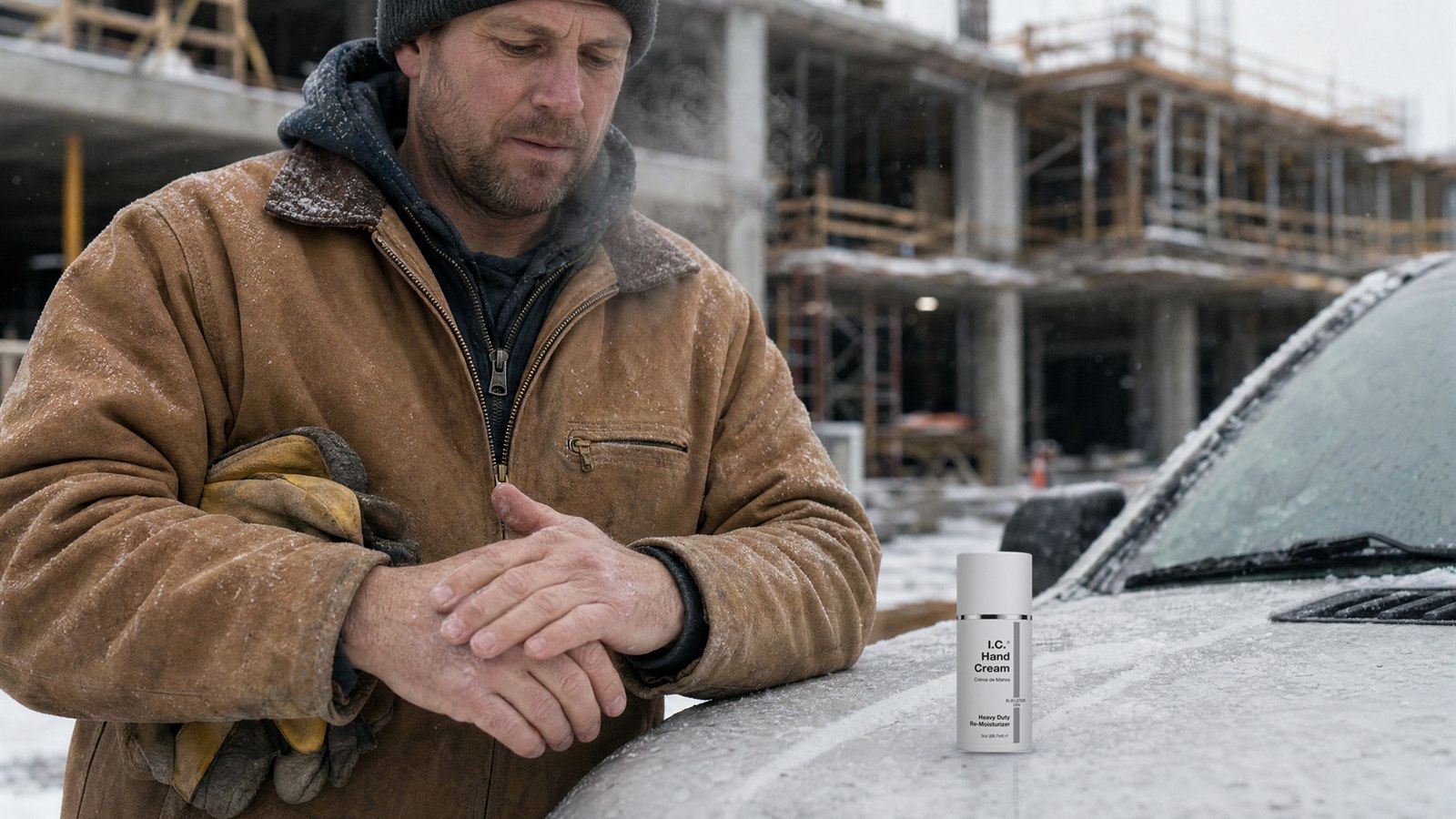 Crew member in the cold working I.C. Advanced Repair Hand Cream into his hands