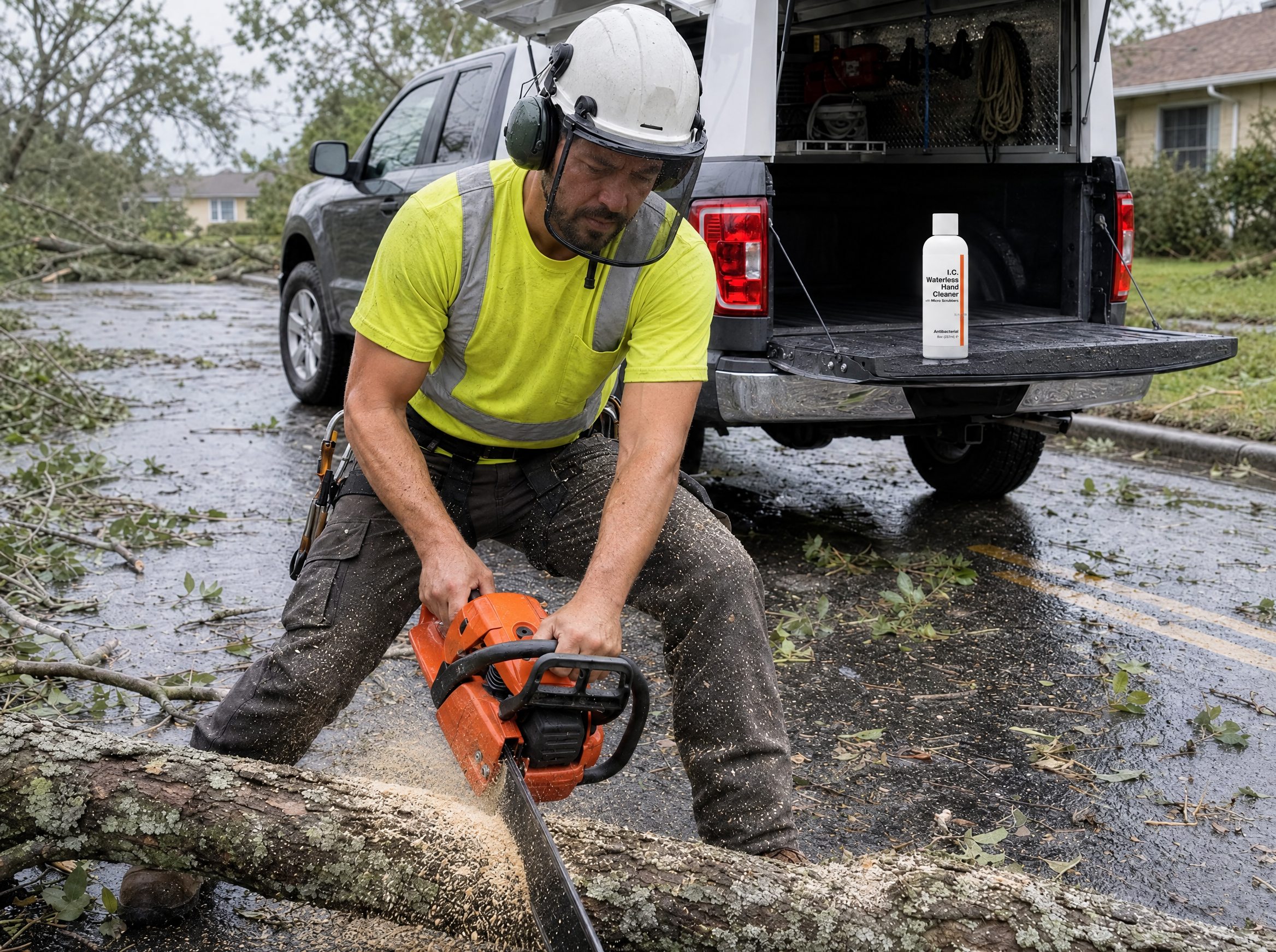 Arborists & Landscaping worker using R&R Lotion skin care (Storm cleanup)