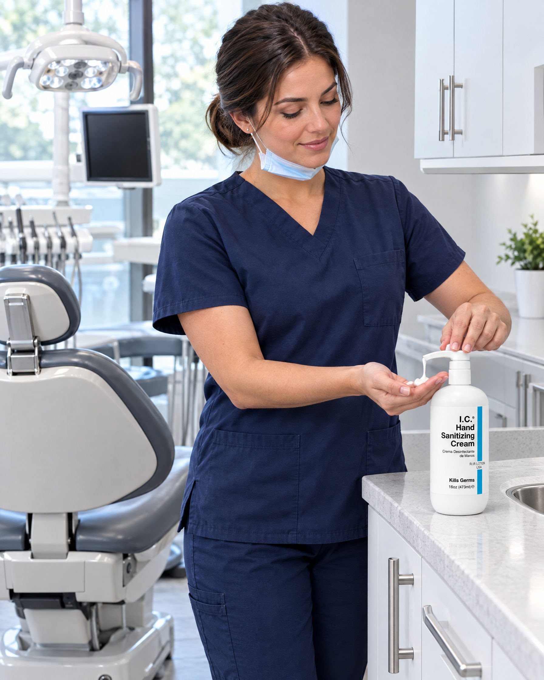 Dentistry worker using R&R Lotion skin care (Between patients)