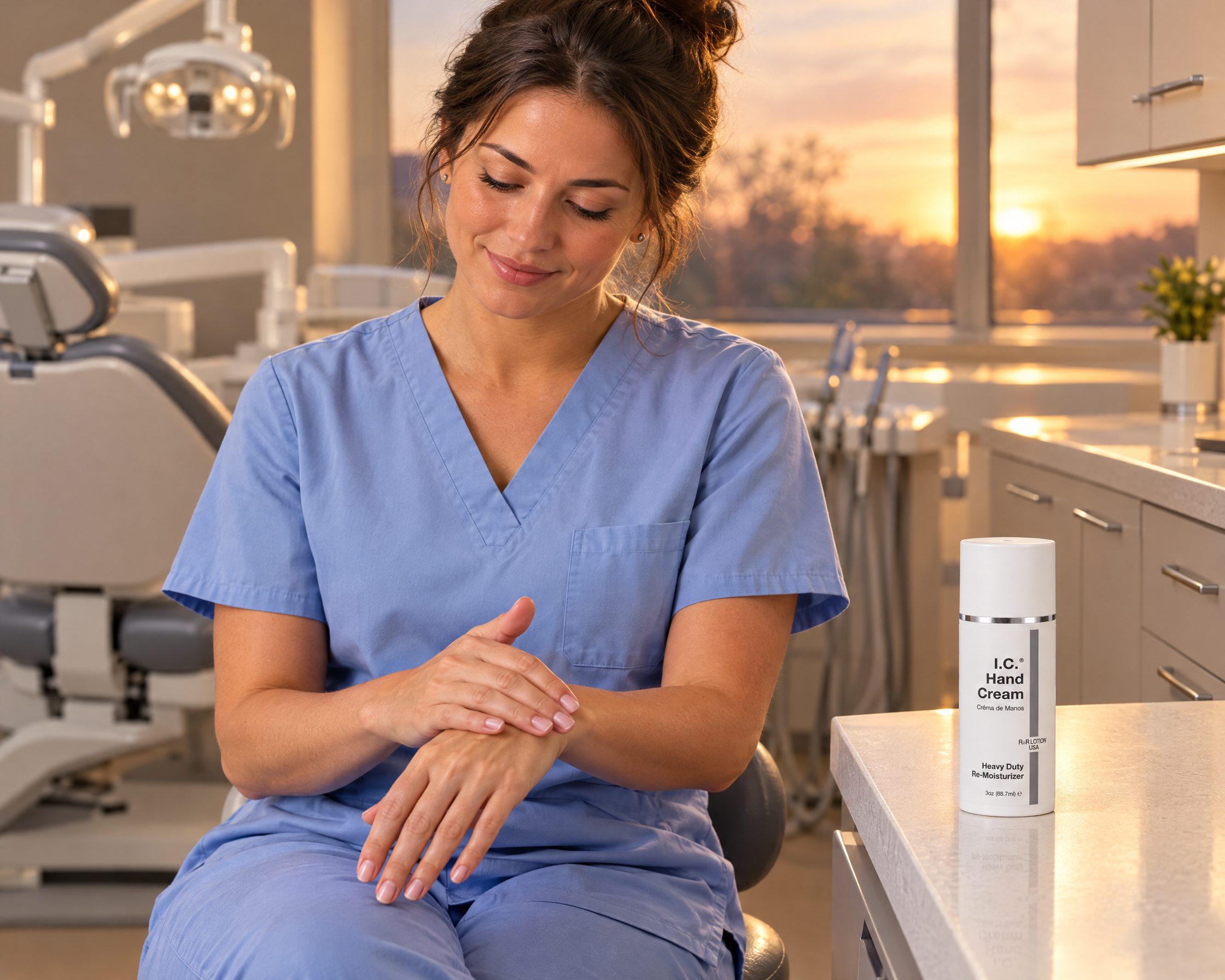 Dentistry worker using R&R Lotion skin care (End of day)