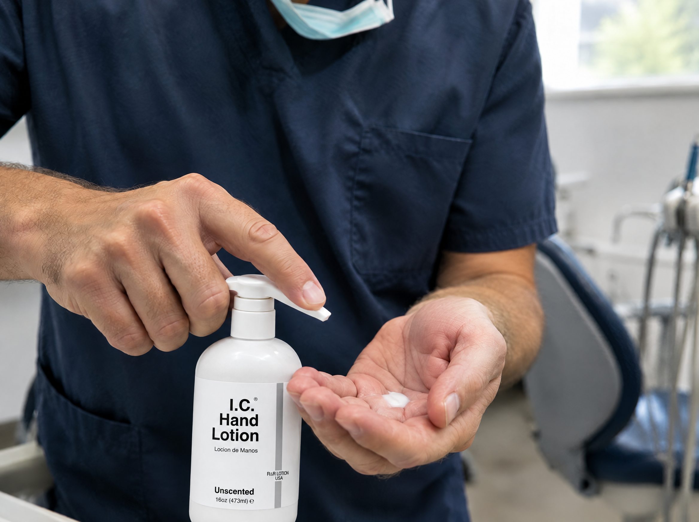 Dentistry worker using R&R Lotion skin care (Gloving off)