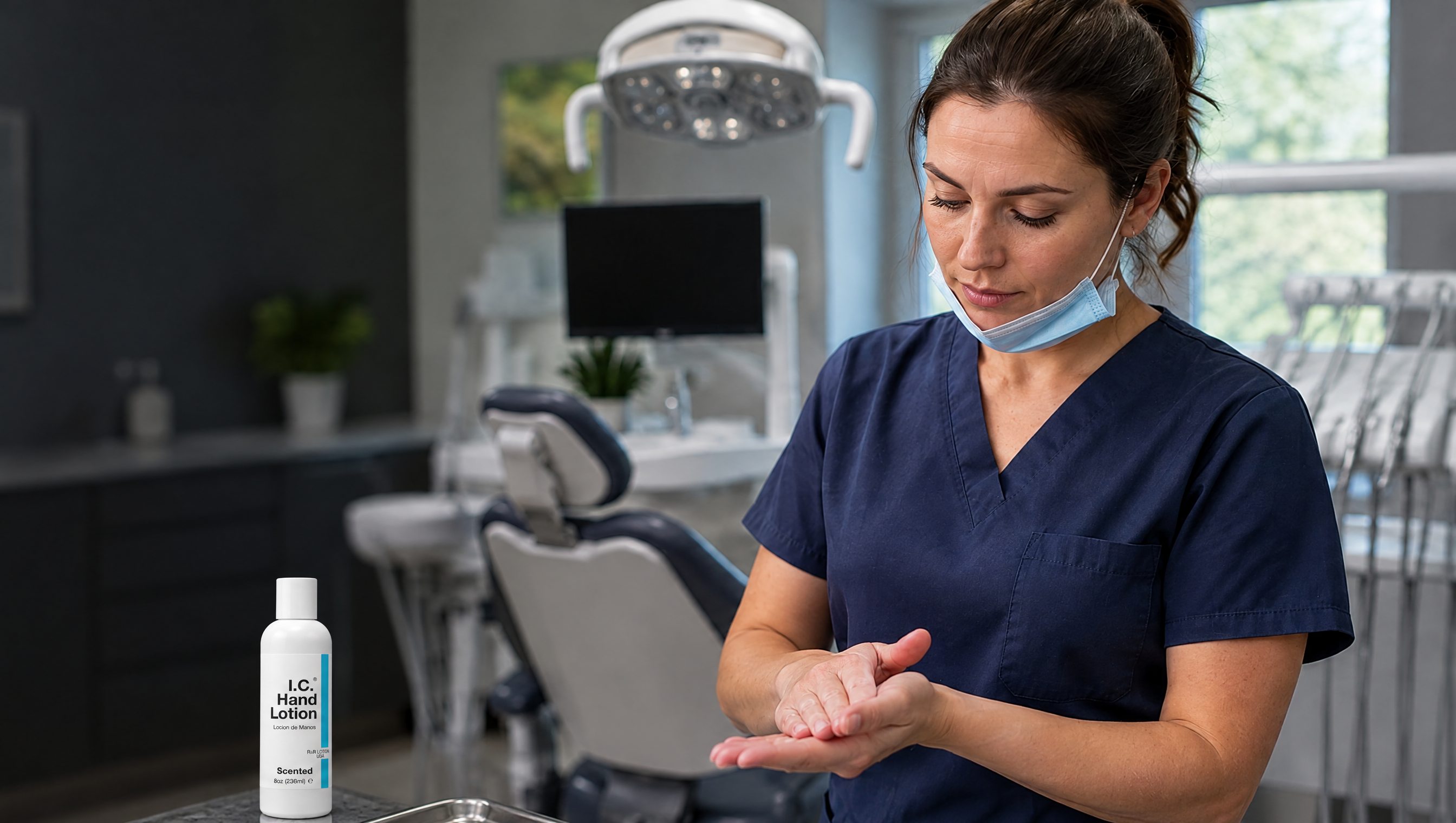 Dentistry worker using R&R Lotion skin care