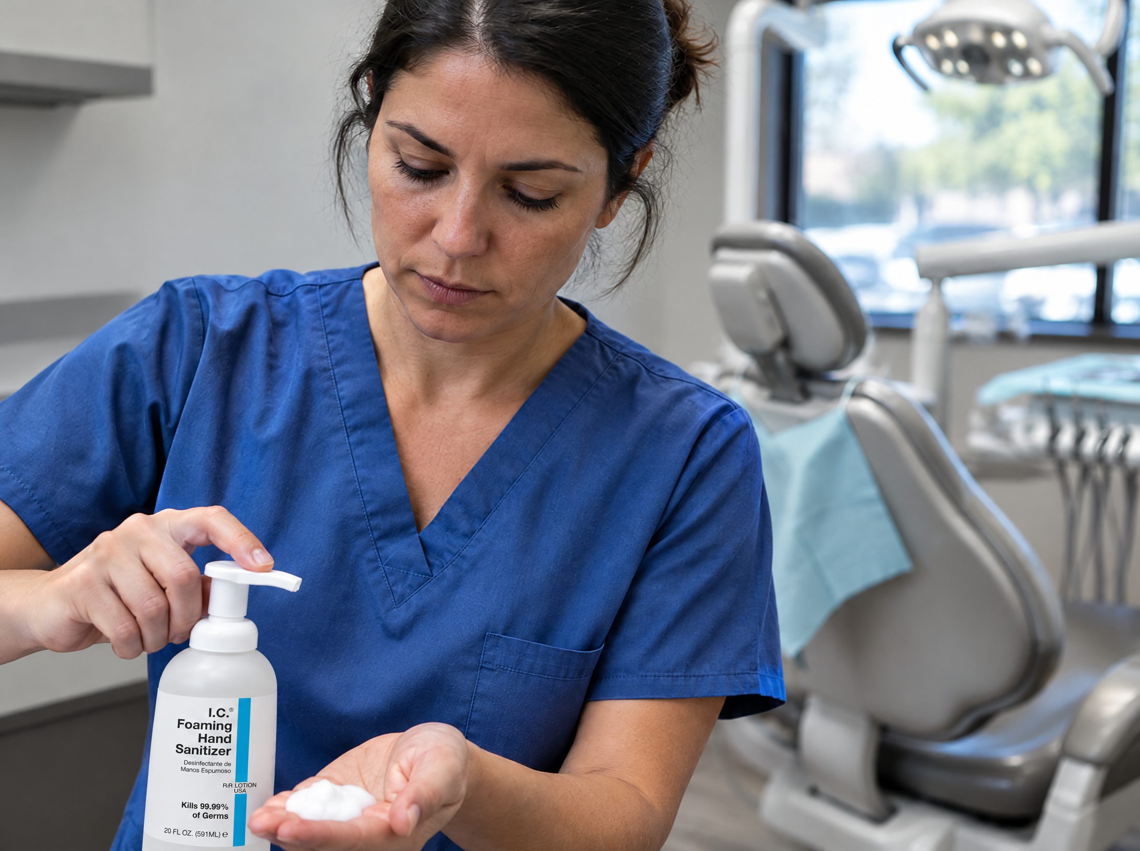 Dentistry worker using R&R Lotion skin care (Operatory)
