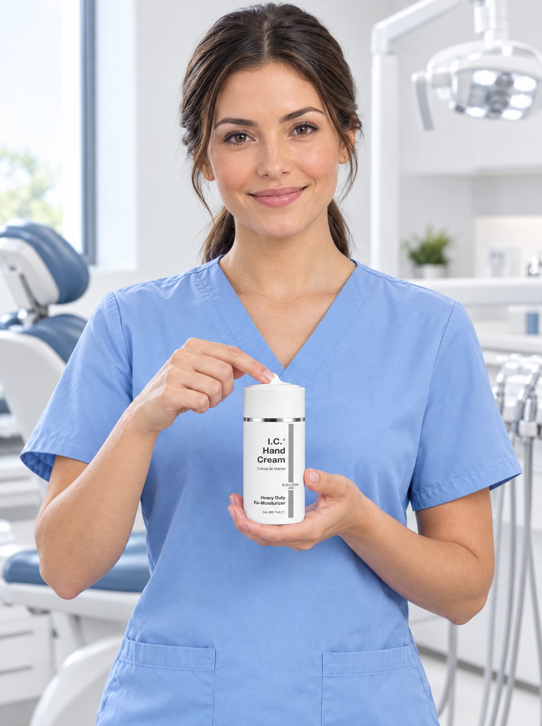 Dentistry worker using R&R Lotion skin care
