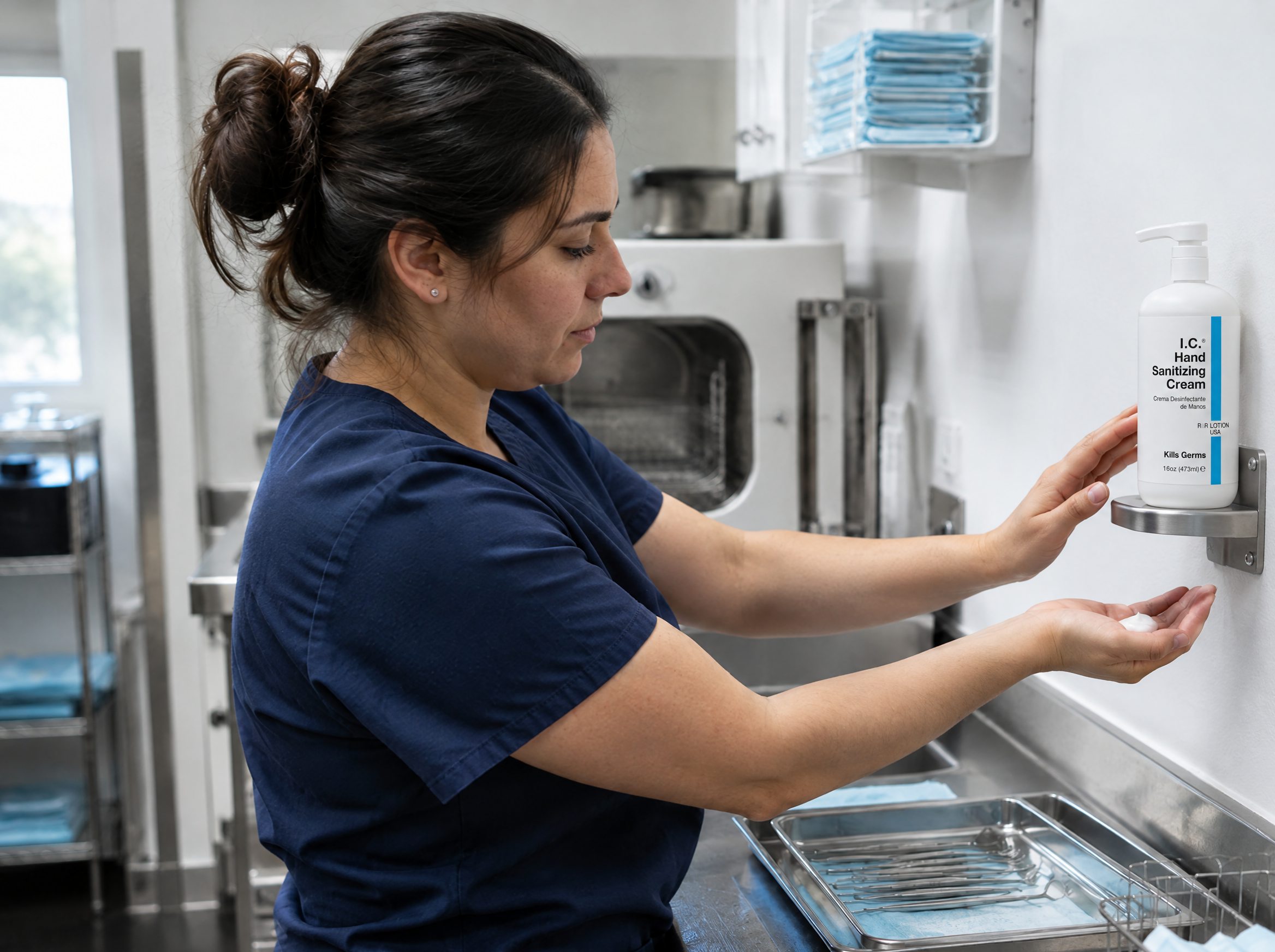 Dentistry worker using R&R Lotion skin care (Sterilization room)